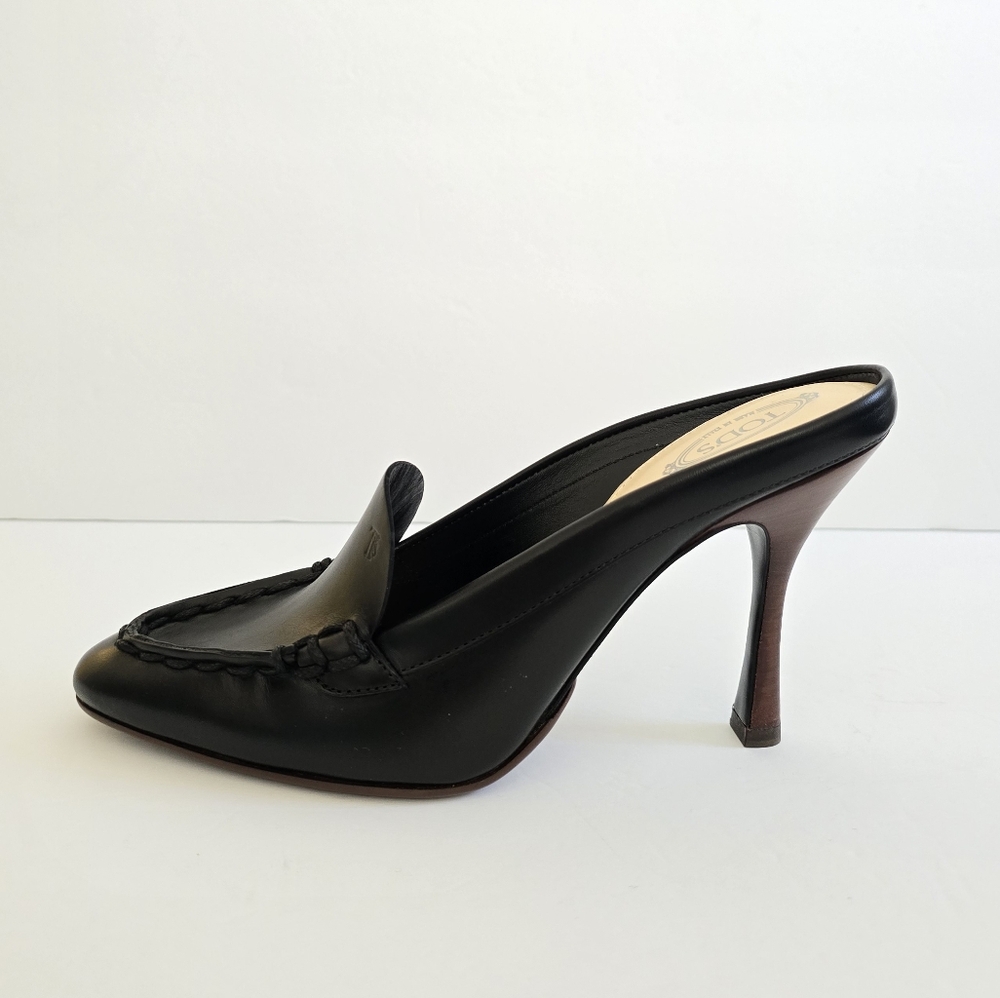 Tod's Leather Mocassin Pointed Toe High Heel Mules Size 39.5 Black - Picture 4 of 10
